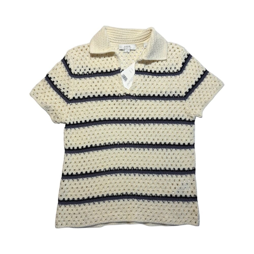 NWT Vince Striped Macrame Open Knit Polo Shirt in Off White Combo Size S